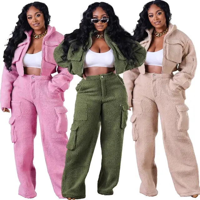 Thick Fleece Women's Crop Jacket with Cargo Pants Outfit