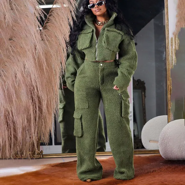 Thick Fleece Women's Crop Jacket with Cargo Pants Outfit