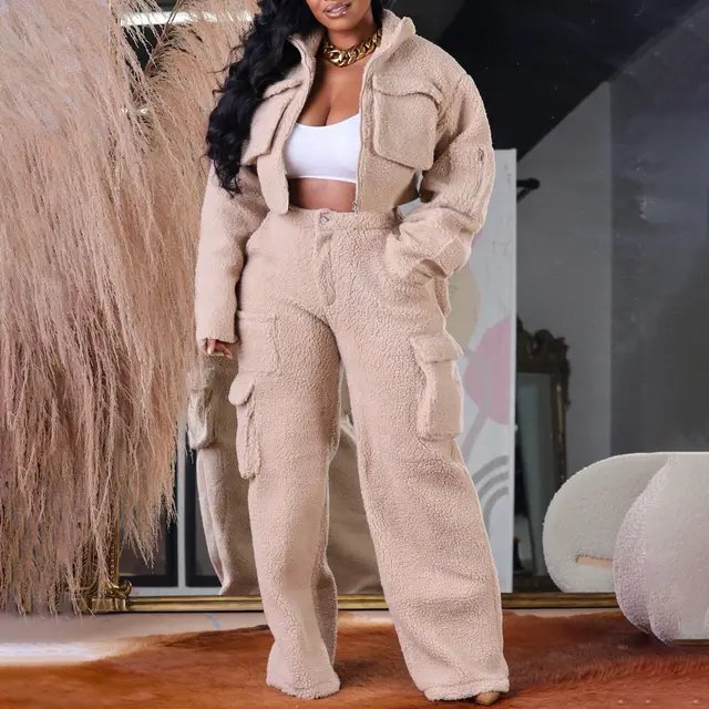 Thick Fleece Women's Crop Jacket with Cargo Pants Outfit